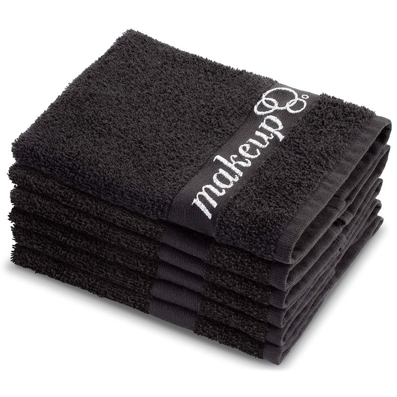 FABBPRO Black Makeup Remover Cloth Towels – Set of 6 Facial Makeup Eraser Towels 13" x 13" – Made in Turkey – Ultra Soft 100% Cotton – Chic Black Color – Beautiful Design – Gentle & Safe on Skin