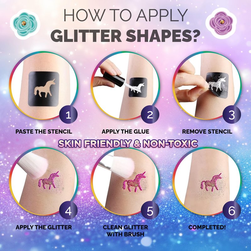 40 Colour - Glitter Tattoos for kids, Glitter tattoo kit, Temporary Tattoos for kids, Face glitter, 200+ Stencils, 40 Colour (10 neon), Rhinestones, Girls birthday present, Face Glitters