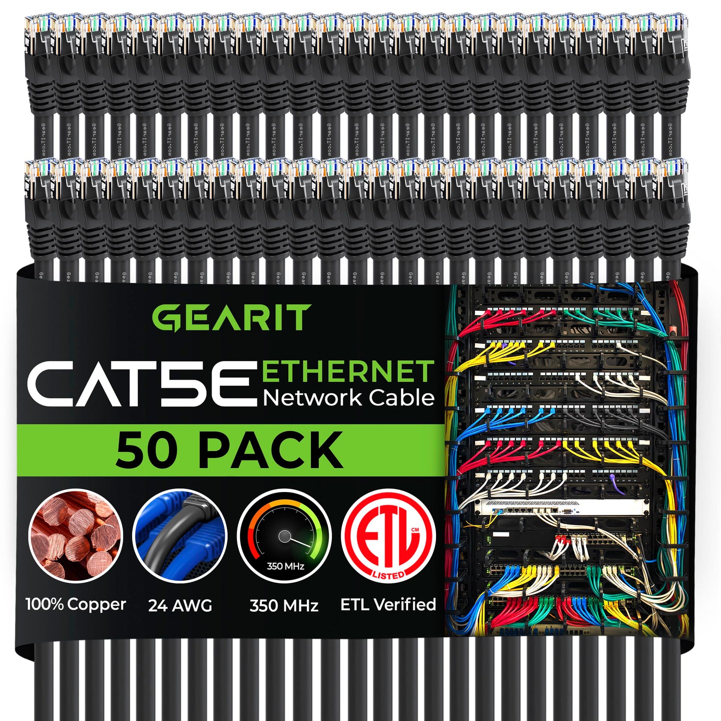 GearIt 50-Pack, Cat5e Ethernet Patch Cable 1 Foot - Snagless RJ45 Computer LAN Network Cord, Black