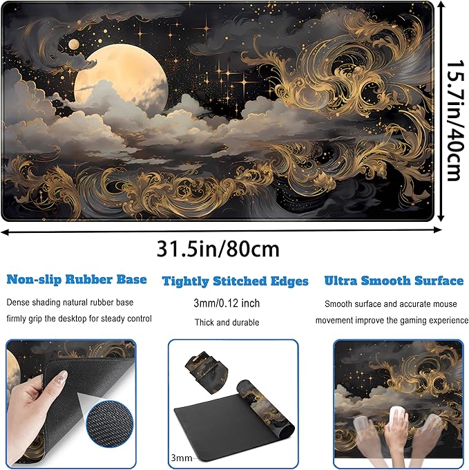 DKPXFG Golden Moon Desk Pad Black Desk Mat XXL Mouse Gaming Pads, Starry Sky Keyboard Pads Extra Large Desktop Computer Mats with Non-Slip Base & Stitched Edges, Vintage Office Decor 31.5" x 15.7"