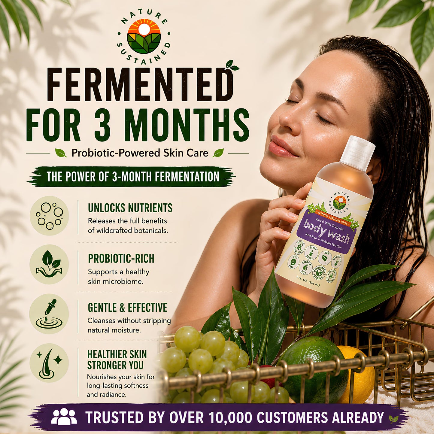 Nature Sustained Organic Body Wash & Face Wash – Raw & Wildcrafted with Probiotics, Soapberry Formula for Eczema & Psoriasis - Wild Plants Selected for Sensitive & Dry Skin, 9oz, Original
