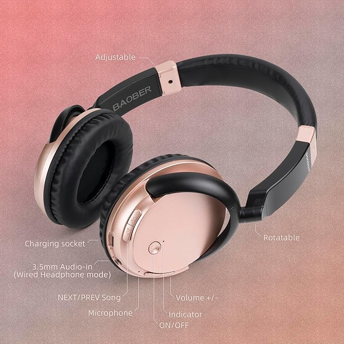 BAOBER Bluetooth Wireless Over Ear Light Weight Headphone with Low Latency USB Transmitter for TV,PC,3.5mm Audio Device, Stereo Wireless Headset Built-in Microphone for Cell Phone (Rose Gold)