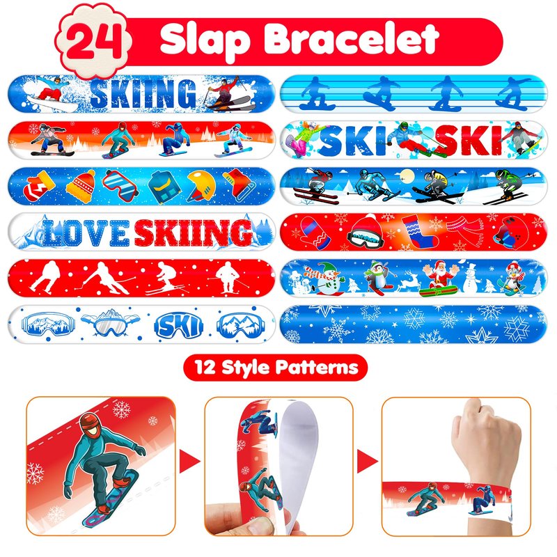 72PCS Skiing Party Set - 48PCS Temporary Tattoos & 24PCS Slap Bracelets - Fun Winter Sports-Themed Birthday Supplies, Baby Shower Gifts, Classroom Rewards & Party Decor for Kids (Boys & Girls)