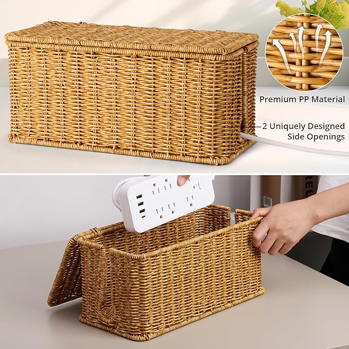ZhiYo Rattan Cable Management Box, Cord Organizer, Nature, 13.5"x6.2"x6"