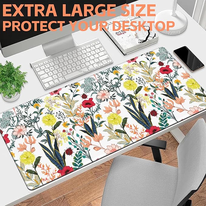 NIYLYNSYN Mouse Pad Large Summer Flower Non-Slip Gaming Desk Mat with Stitched Edge Laptop Keyboard Desk Pad for Work Home Gaming (35.4 x 15.7 Inches)