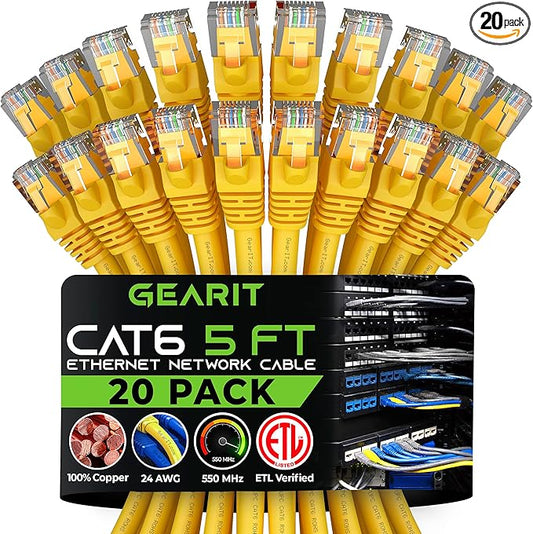 GEARit Cat 6 Ethernet Patch Cable 5 ft Yellow (20 Pack) Cat6 Patch Cables 5ft Yellow/Ethernet Patch Cable, 10Gbps 550MHz 24AWG Pure Copper, Snagless, Gold Plated RJ45 for Router, Server, Router, PC
