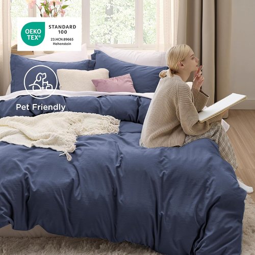 Bedsure Navy Blue Duvet Cover Set - Soft Prewashed Cotton-Like Polyester, King Size 3-Piece (104x90 Inches)