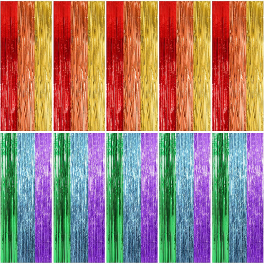 Skiennix Rainbow Backdrop Decorations - 10 Pack Colorful Tinsel Curtains for Parties & Events
