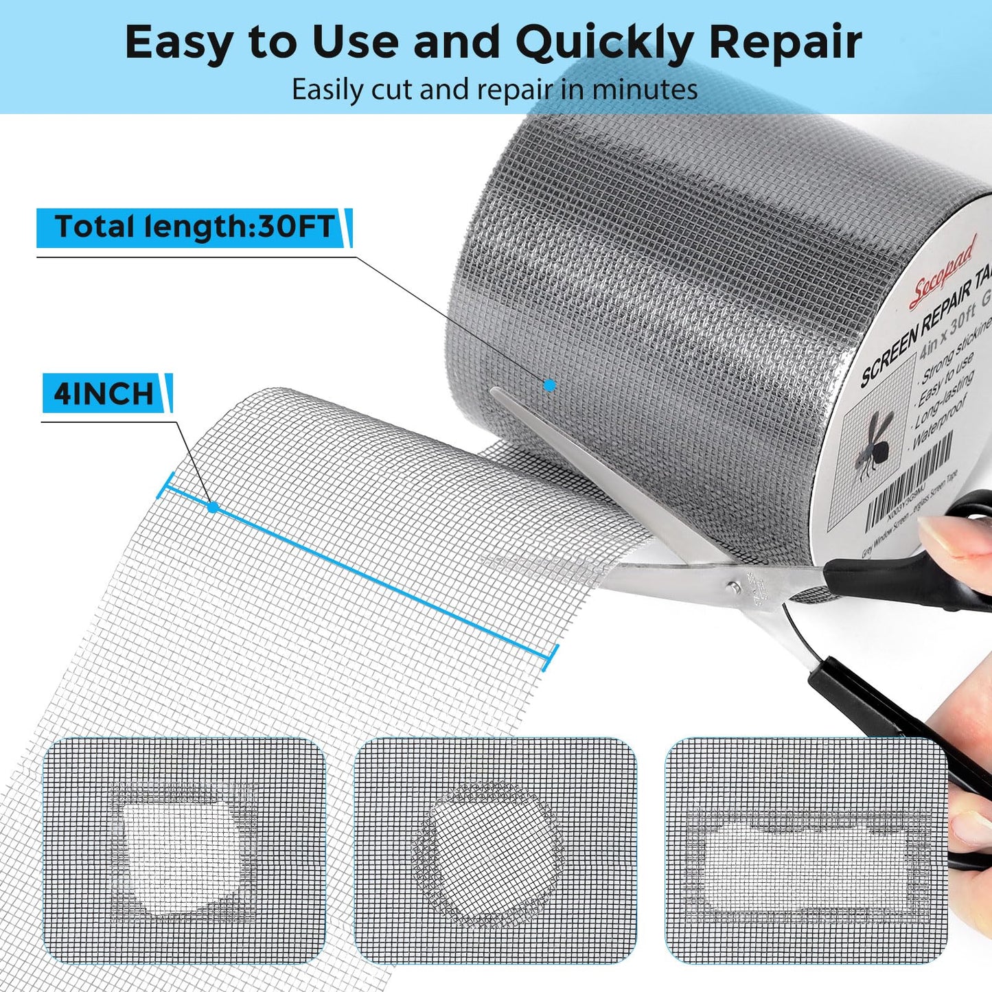 Secopad Grey Window Screen Repair Kit, 4 in X 30 FT (360IN) Screen Repair Tape for Windows or Doors, Strong Adhesive Fiberglass Mesh Patch Tape