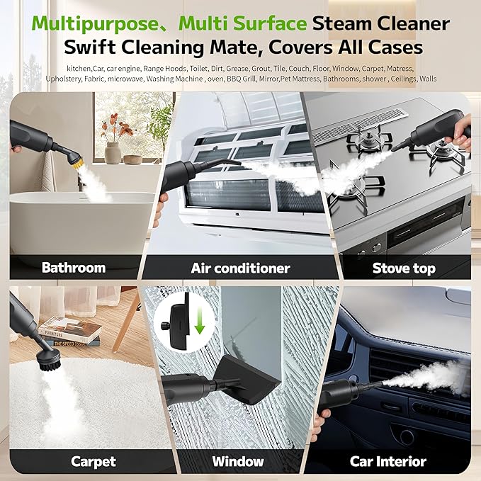 Pressurized Handheld Steam Cleaner 2500W, 54oz Large-Capacity Steamer with 3-Level Adjustable Steam, 15s Heat-Up & 15Pcs Accessories â for Car, Tile, Grout, Couch, Floor, Bed, Dirt, Furniture
