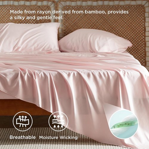 Bedsure Cooling Bed Sheets - Rayon from Bamboo, Breathable & Soft, Deep Pocket Up to 16 Inches, Pink