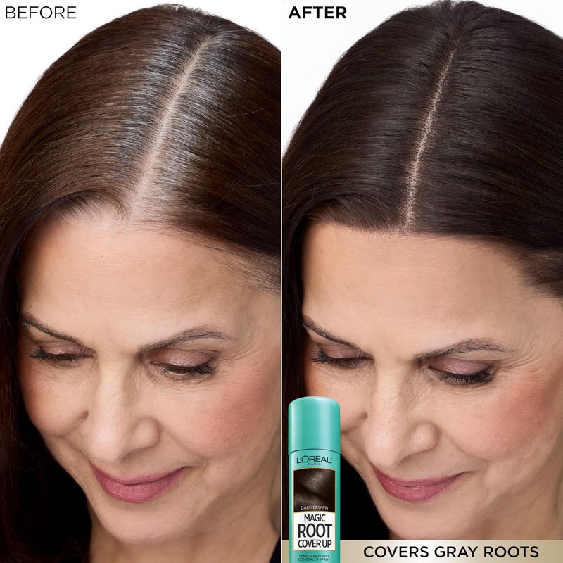 L'Oreal Paris Magic Root Cover Up Gray Hair Spray, 100% Gray Hair Coverage with Buildable, Lightweight, Transfer-Resistant, and Temporary Formula, Ammonia-Free, Dark Brown, 2 oz (1 Count)
