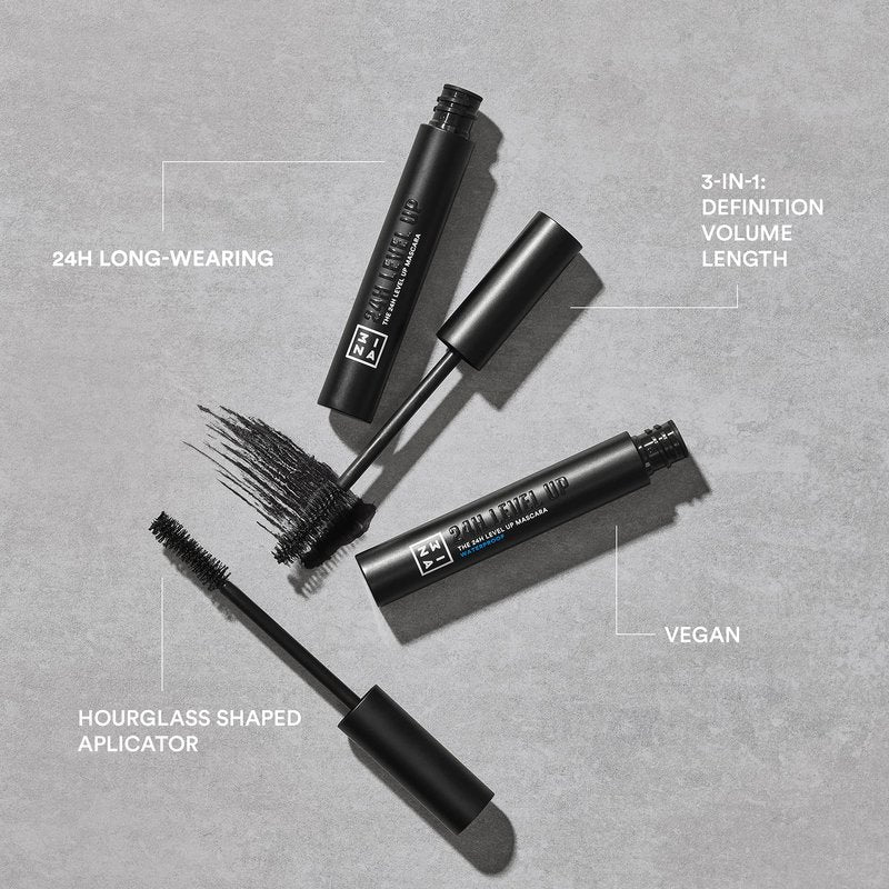 3INA The 24H Level Up Mascara - Intense Black Mascara Volume and Length with Hourglass Brush for Full Definition - Vegan, Cruelty Free - 900-0.27 oz