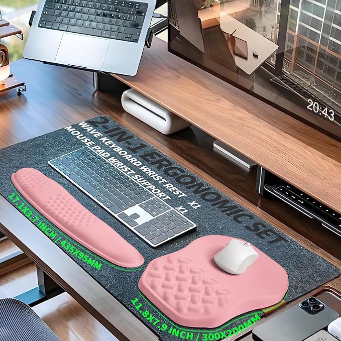 Gleamtide 2-in-1 Ergonomic Set, Wave Keyboard Wrist Rest and Massage Slope Mouse Pad Wrist Support, Rebound Memory Foam for Relieve Carpal Tunnel Syndrome and Wrist Pain (Pink)