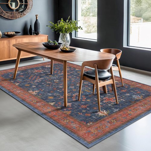 Hazo Haus Dark Blue & Terracotta 5x8 Area Rug - Machine Washable, Non-Slip, Stain Resistant for Living Room, Bedroom & Kitchen