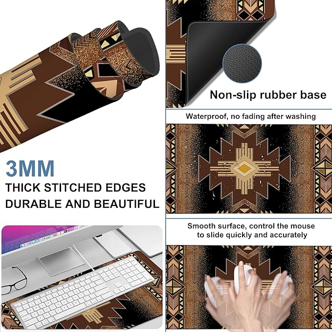 NITAHHHY Large Mouse Pad Aztec Pattern Gaming Desk Pad Computer Keyboard Non-Slip Waterproof Mouse Mat with Rubber Base and Stitched Edges Entertainment Office Writing Desk Mat 35.4 x 15.7 Inches