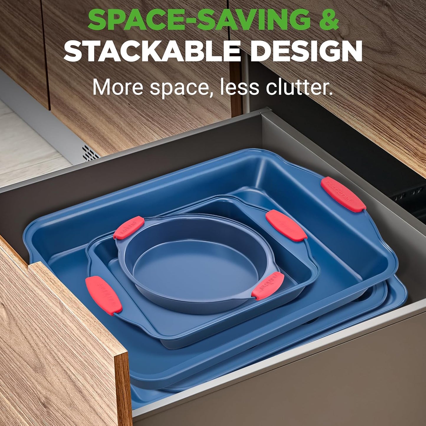 NutriChef 6-Piece Bakeware Set - Nonstick Carbon Steel Pans with Red Silicone Handles | Durable & Stain-Resistant (Blue)