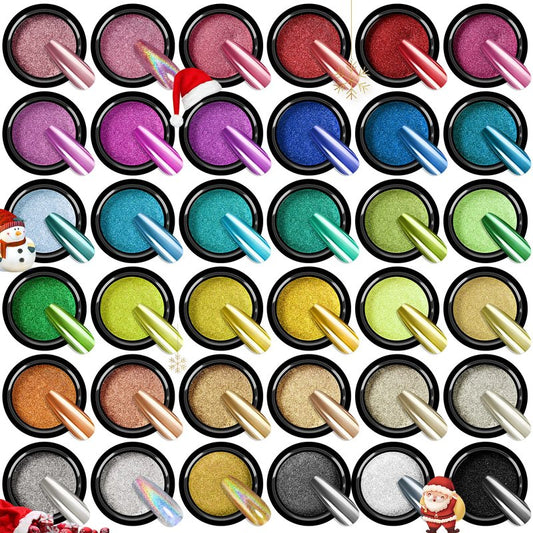 SAVILAND Chrome Nail Powder Set: 36 Colors Metallic Mirror Effect Chrome Nail Powder with Applicator Holographic Aurora Chameleon Pigment Decoration Supplies Beginners Home DIY Nail Art Salon