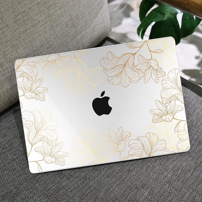 MEEgoodo Case for M5/M4/M3/M2 MacBook Air 13 inch 2026 2025 2024 2022, Fit Model A3449/A3240/A3113/A2681, Case Compatible with MacBook Air 13.6-inch, Drawn Golden Floral
