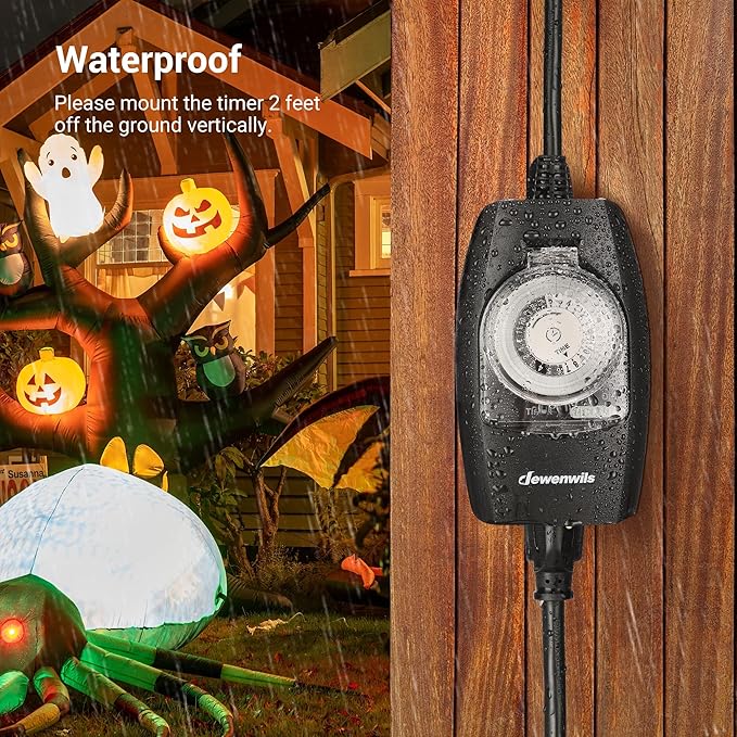DEWENWILS Outdoor Light Timer Waterproof, 24-Hour Programmable Plug in Timer for Electrical Outlets, Holiday Decorations, String Light,13A 1/2 HP, UL Listed (Dial)
