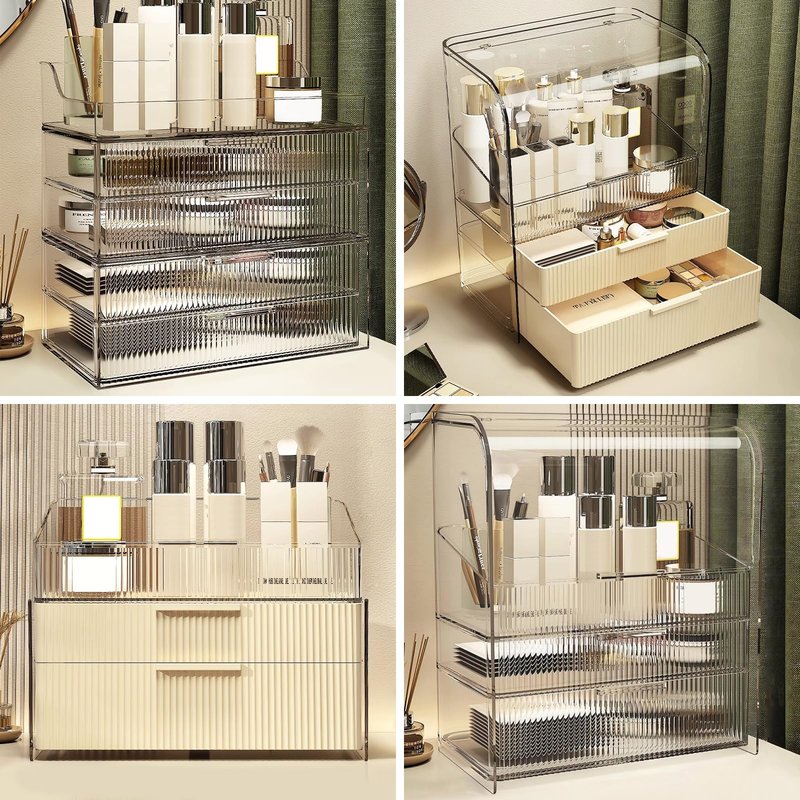 DASITON Clear Dustproof Two layers Storage Box,Makeup Brush Holder,Large Capacity Desktop Storage Box with Drawer,for Beauty Products,Perfume,Jewelry,Nail Polish