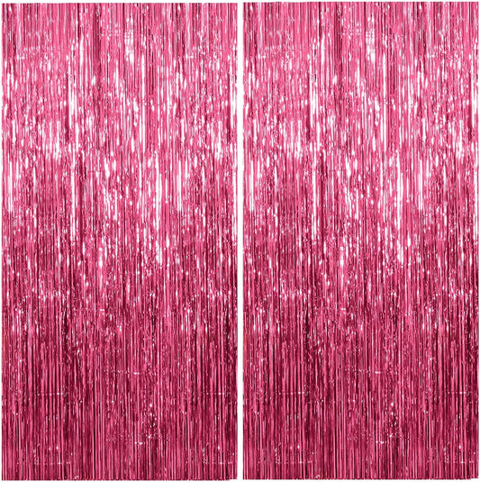 Pink Metallic Tinsel Foil Curtains by [Brand Name] - 2 Pack Photo Booth Backdrop for Parties & Events