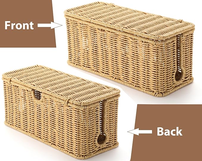 ZhiYo Rattan Cable Management Box, Brown Desk Cord Organizer, 2 Pack (M&L)