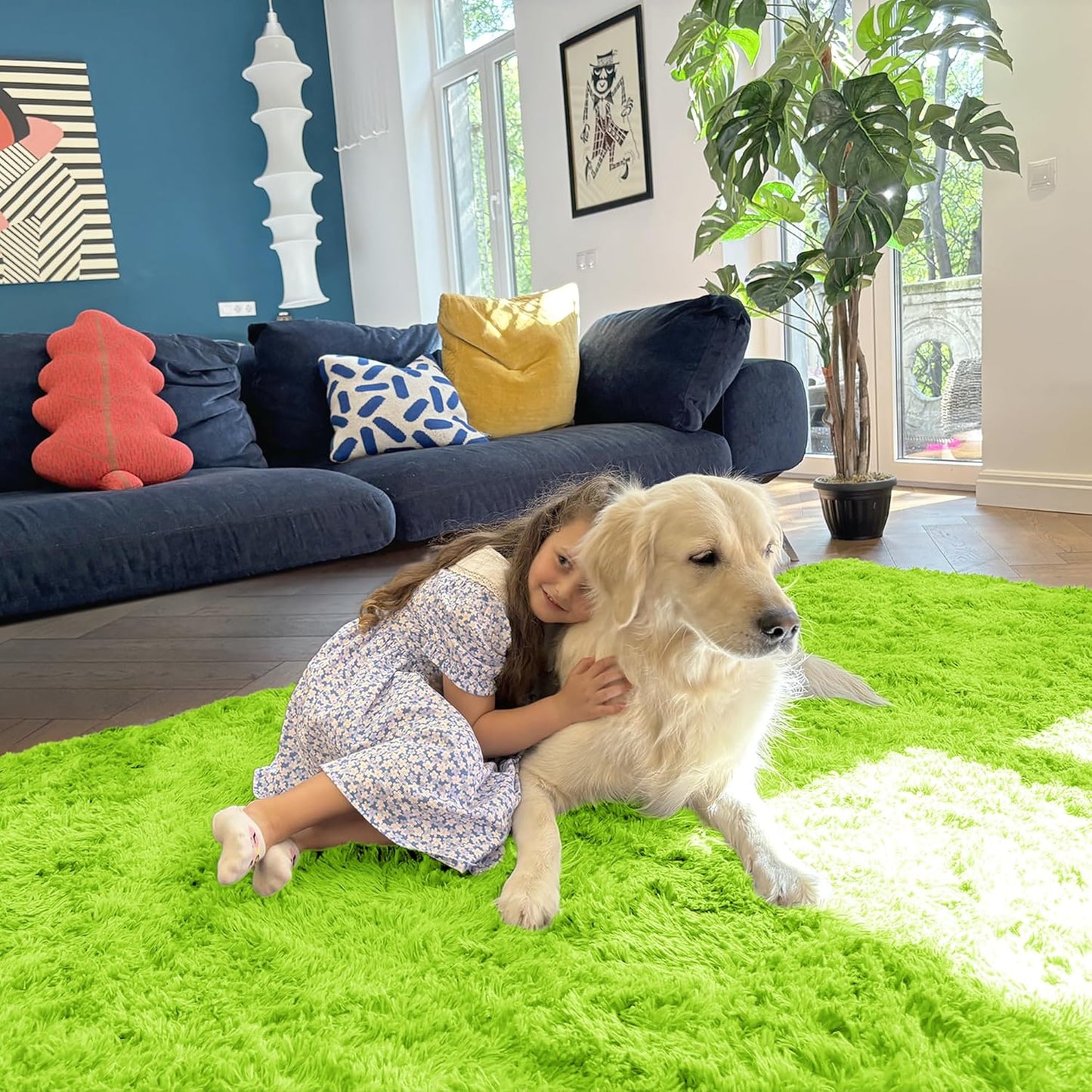 OLANLY Soft Fluffy Shaggy Runner Rugs - Machine Washable Indoor Carpet for Hallway & Bedroom | Lime Green