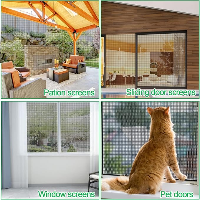 QWR Pet Proof Window Screens and Screen Door Replacement Kit, 59"x106" Durable High Hardness Vinyl Coated Polyester-Screen Repair Kit for Sliding Door,Patio and Windows.(Folded Package with Tool Kit)