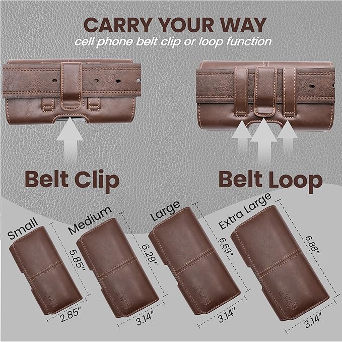 Wireless City Leather Phone Holster for iPhone 17/17 Pro 16/16 Pro/16e 15/15 Pro 14/14 Pro 13/13 Pro 12/12 Pro 11 XR Horizontal Belt Clip & Loop Phone Pouch Magnetic Closure Phone Holder for Men Brown