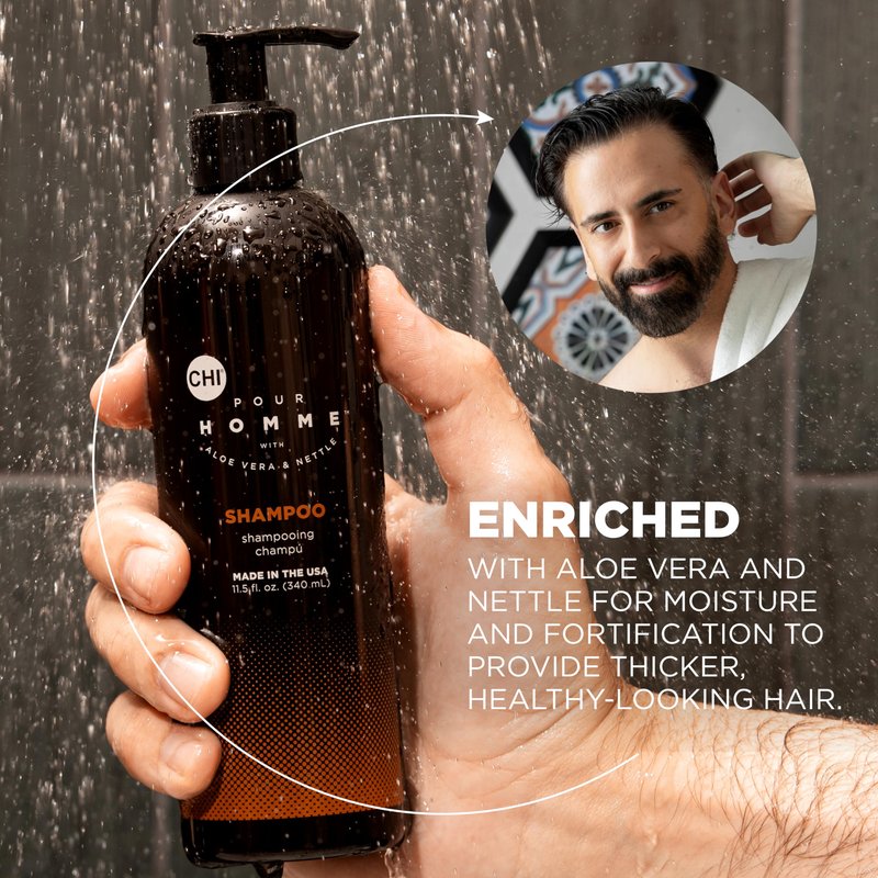 CHI Pour Homme Moisturizing Daily Shampoo for Men, Sulfate-Free Hair Cleanser with Aloe Vera & Nettle, Hydrates & Fortifies for Thicker, Healthier Hair, Fresh Woody Scent, 11.5 oz
