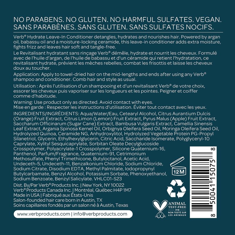 VERB Hydrate Leave-In Conditioner, 6.5 fl oz – Nourish Dry + Frizzy Hair - Smooth + Detangle - Amber + Warm Jasmine Scent