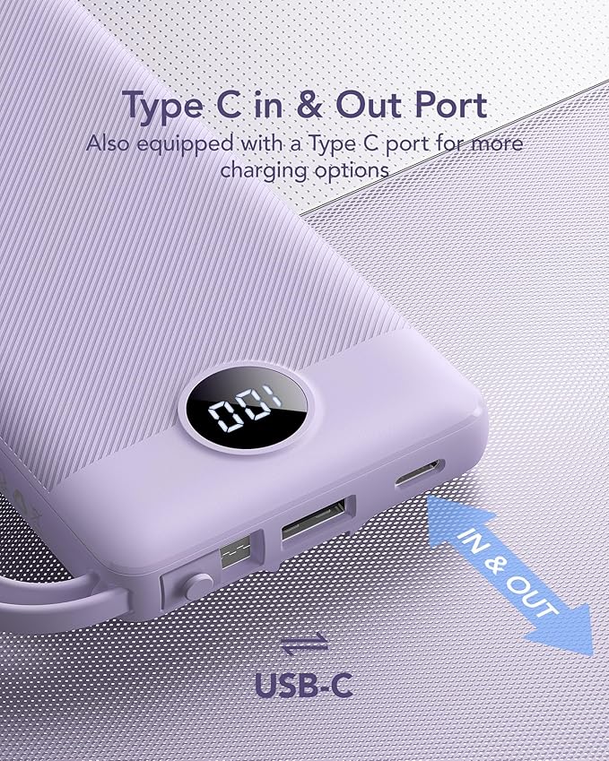 VRURC Portable Charger Power Bank, USB C Battery Pack 10000mAh, Flight-Safe Travel Essentials, 5 Outputs 2 Inputs Slim Phone Charging Bank Built-in Cables for Multi Devices-Lavender(1 Pack)