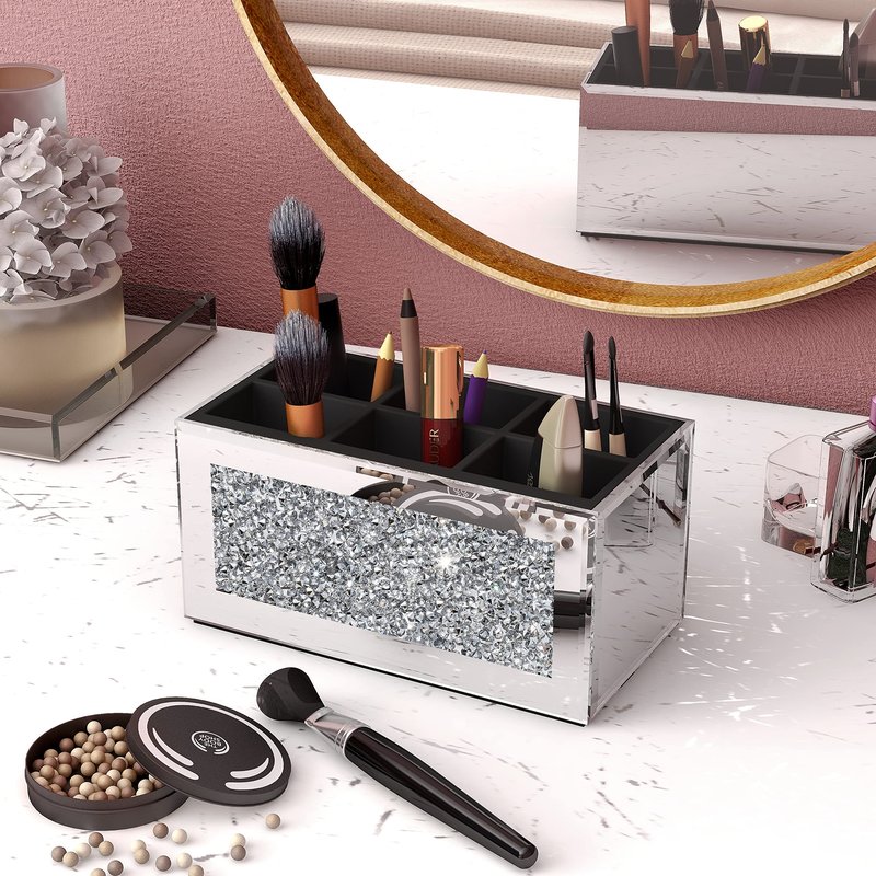 SHYFOY Makeup Brush Holder Organizer with Crushed Diamond 6 Slot Mirrored Make up Cosmetics Organizers and Storage for Vanity Countertop