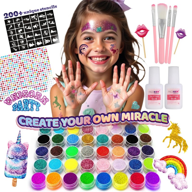 40 Colour - Glitter Tattoos for kids, Glitter tattoo kit, Temporary Tattoos for kids, Face glitter, 200+ Stencils, 40 Colour (10 neon), Rhinestones, Girls birthday present, Face Glitters