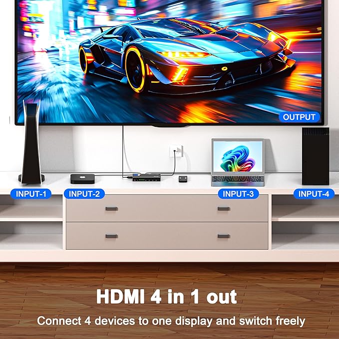HDMI Switch 4 in 1 Out 4K@60Hz, 4 Ports HDMI Switcher Splitter Selector with Remote, Support HDCP 2.2 HDR 10+ Dolby Vision/Atmos 18Gbps CEC for Apple TV Game PC PS4 5 Pro Xbox Roku