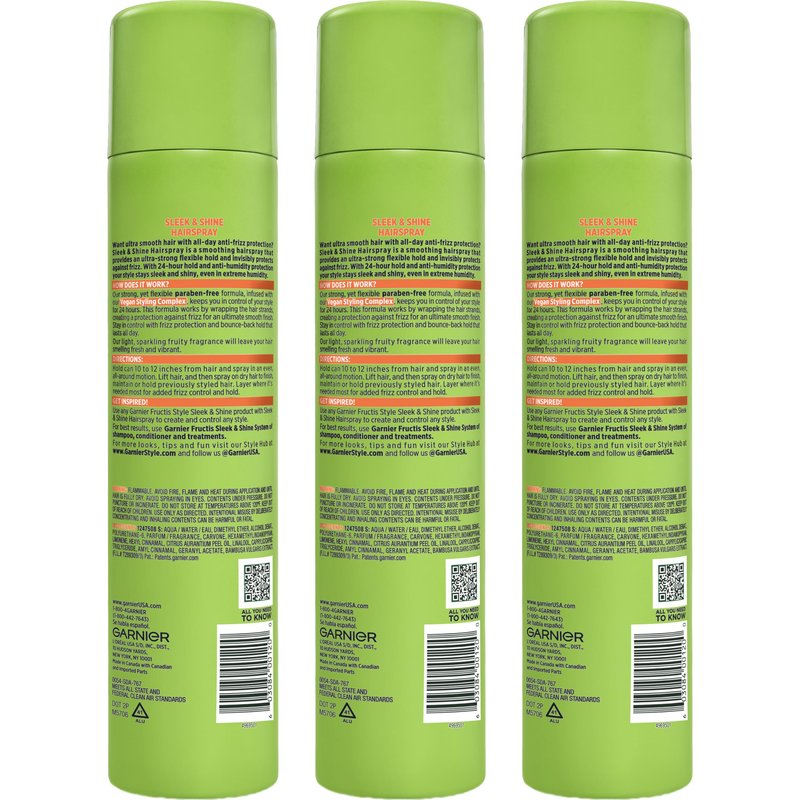 Garnier Fructis Style Sleek and Shine Anti-Humidity Hairspray, Ultra Strong Hold, Frizz Protection 8.25 Oz, 3 Count (Packaging May Vary)