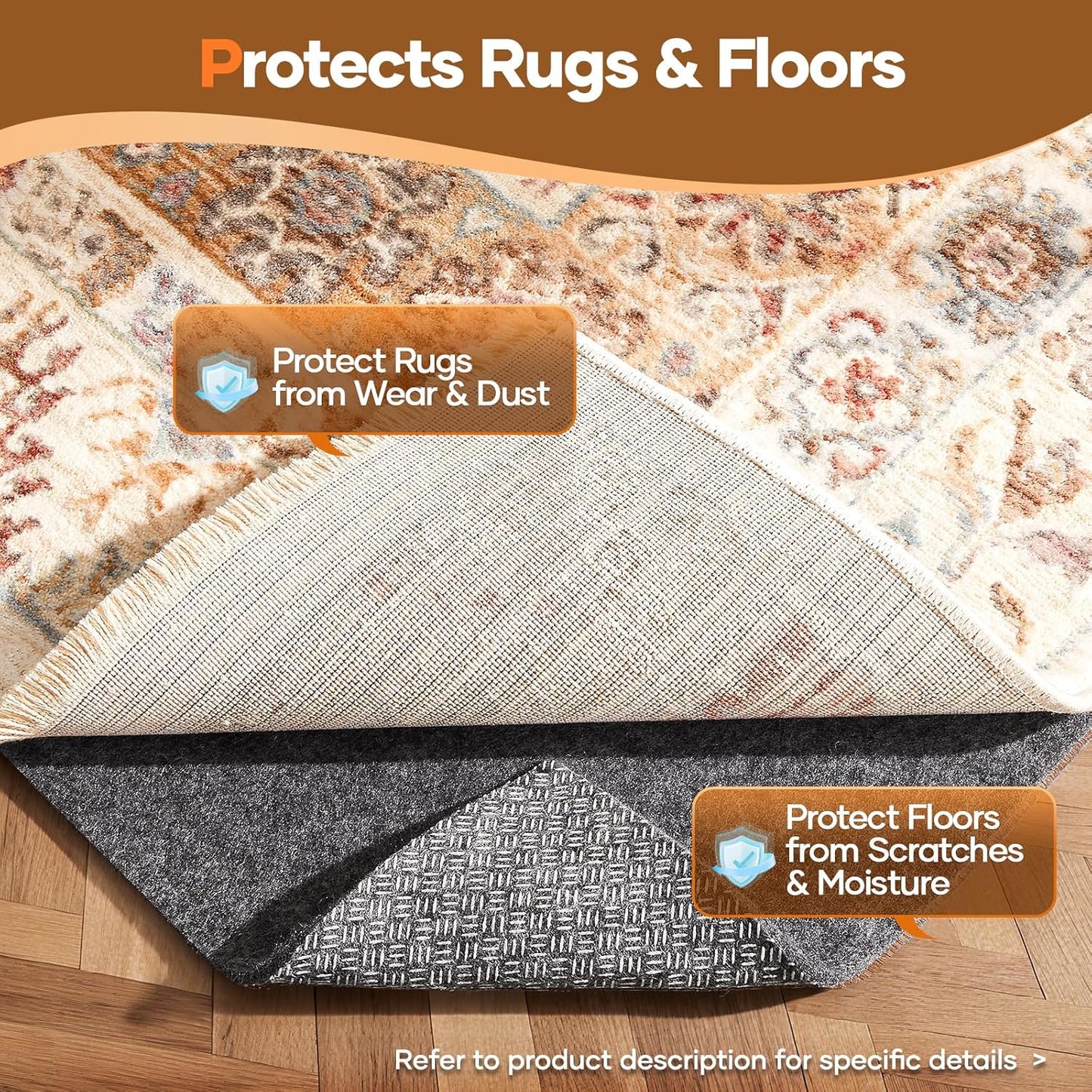 Veken Non-Slip Rug Pad - Cushioned Gripper for Hardwood Floors | 5 x 7 Ft, 1/4 Inch Thick