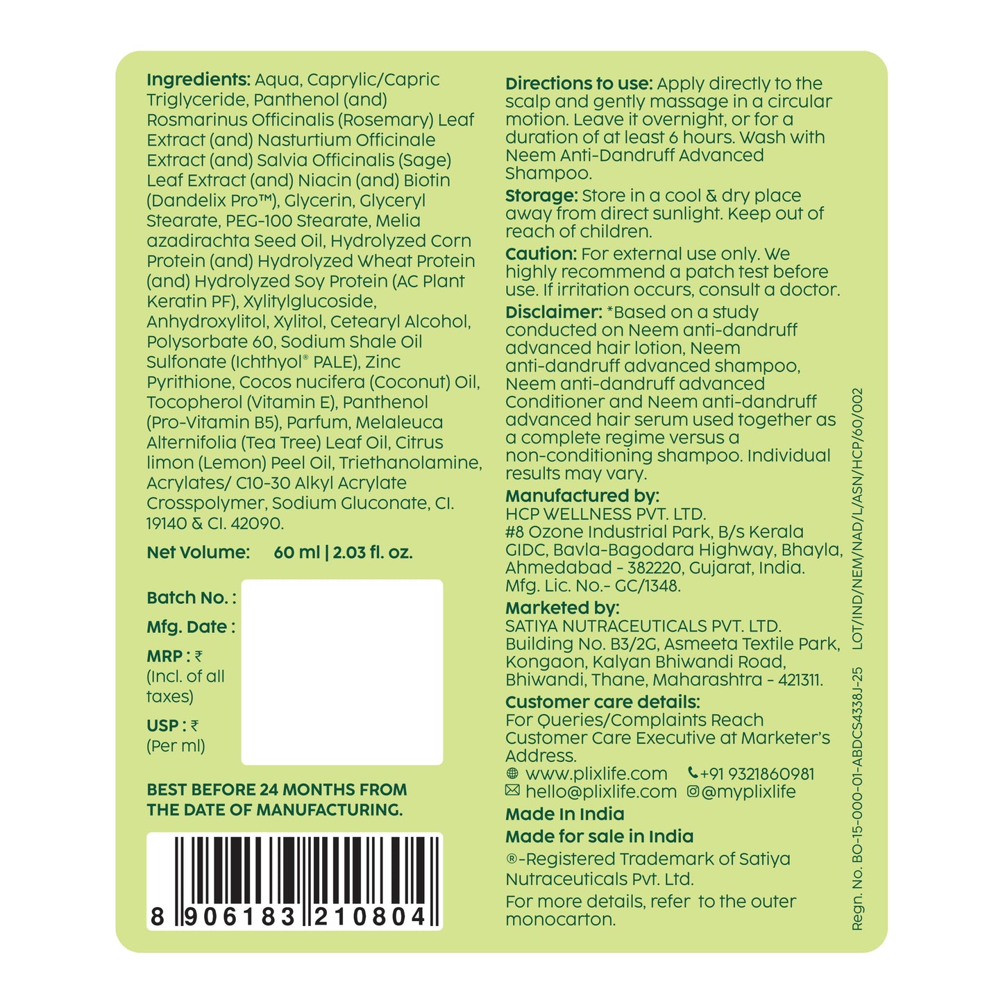 PLIX - THE PLANT FIX | Neem Anti-Dandruff Advanced Lotion | Reduce Dandruff, Itching & Irritation | With Dandelix Pro & Ichthyol PALE | Paraben & Sulphate Free | Unisex (60ml)