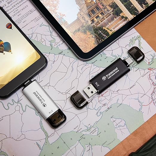 Transcend ESD310 512GB External SSD, Up to 1,050MB/s, Dual USB Flash Drive for iPhone/iPad/Mac/Windows/Android/Tablet/PC, USB3.2Gen2 Thumb Drive Photo Stick, 2-in-1 Type C &Type A Memory Stick-Silver