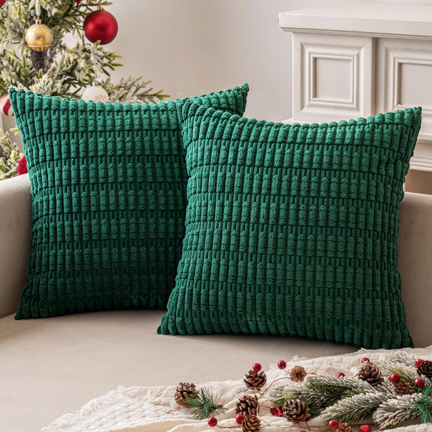 MIULEE Decorative Pillow Covers - Soft Dark Green Corduroy, 20x20 Inch | Boho Striped Design for Modern Home Decor