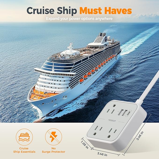 TESSAN Ultra Thin Flat Ring Plug Extension Cord 5 FT, Slim Travel Power Strip with USB Ports (1 USB C), Non Surge Protector Flat Plug Wall Charger with 3 Outlets for Office, Alaska Cruise Essentials
