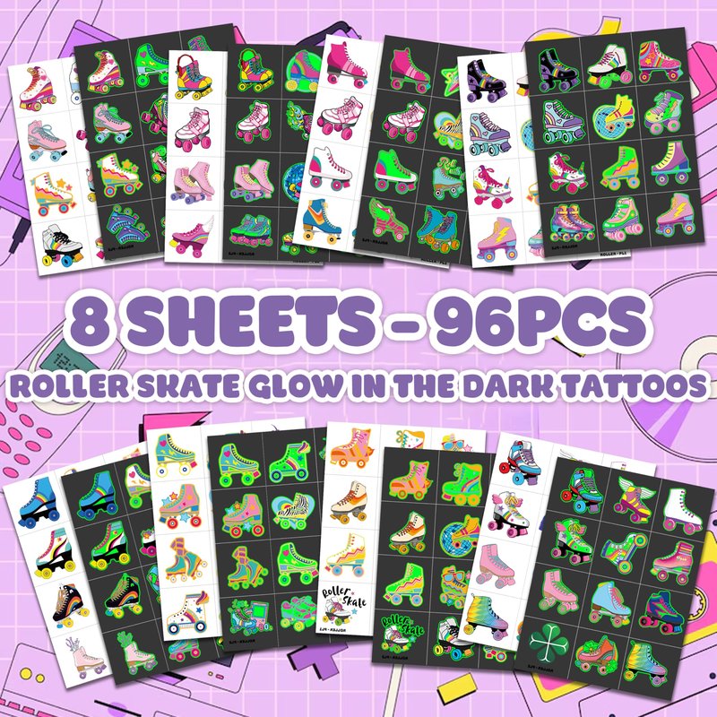 96 PCS Roller Skate Skating Pre-Cut Luminous Temporary Tattoos Themed Birthday Party Favors Decorations Supplies Decor Retro 80s 90s Disco Glow In The Dark Tattoo Stickers Gifts For Boys Girls Class