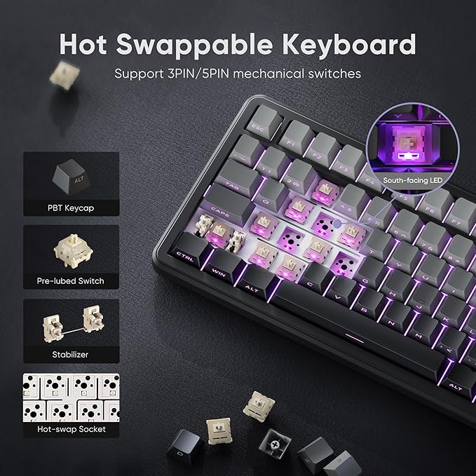 RedThunder K75 Wireless Mechanical Gaming Keyboard, 75% Hot Swappable Creamy Keyboard with Knob, RGB Backlit, Pre-lubed Linear Switches, Side Engraved PBT Keycaps, Wireless/Wired/BT5.0, Gradient Gray