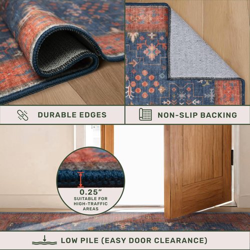 Hazo Haus Washable 3x8 Long Runner for Wide Kitchen Floor - Navy Blue 8ft Hallway Runner Rug, Pet Friendly Waterproof Non Slip with Rubber Backing, Stain Resistant Area Rug