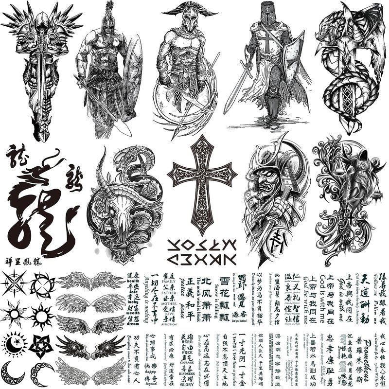 VERKSTAD Black Realistic Temporary Tattoos for Men Women, Waterproof Half Sleeve Fake Tattoos for Boys Girls, Warrior Wing Cross Dragon Letter Totem Tattoo Kits for Parties Festivals Cosplay