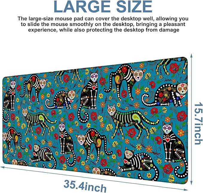NITAHHHY Sugar Skull Black Cats Gaming Mouse Pad 3mm Thick Stitched Edge Waterproof Non-Slip Large Computer Keyboard Mouse Mat,Suitable for Office Entertainment Decorative Desk Pad 35.4 x 15.7 Inches