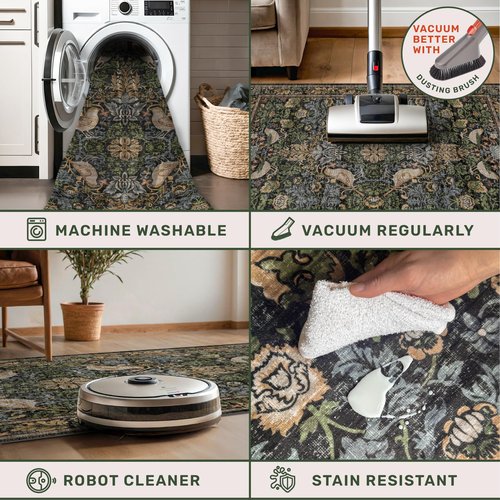 Hazo Haus Dark Living Room Rug 8x10 - Large Washable Floral Area Rugs for Dining Room Under Table, Bedroom, Office, Birds and Leaves Nature Design, Non-Slip Low Pile (Dark Green/Brown)