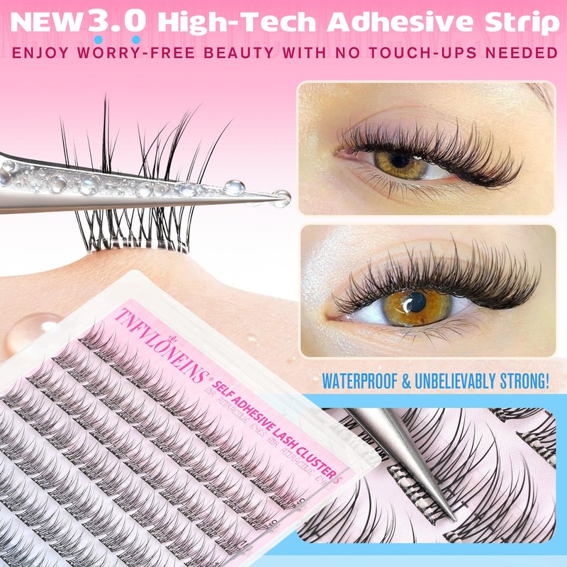 Self Adhesive Eyelashes Natural Self Adhesive Lash Clusters 9-12MM Wispy Eyelash Clusters No Glue Needed Cluster Eyelash Extensions Waterproof Pre glued Individual Lashes Extension by TNFVLONEINS