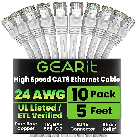 GEARit Cat 6 Ethernet Patch Cable 5 ft White (10 Pack) Cat6 Patch Cables 5ft White/Ethernet Patch Cable, 10Gbps 550MHz 24AWG Pure Copper, Snagless, Gold Plated RJ45 for Router, Server, Router, PC